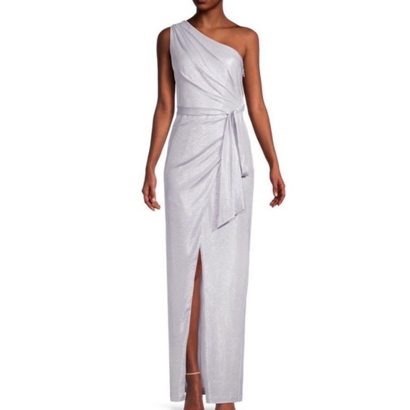 Aidan By Aidan Mattox Lavender Metallic One Shoulder Maxi Gown Sz 4 Nwt